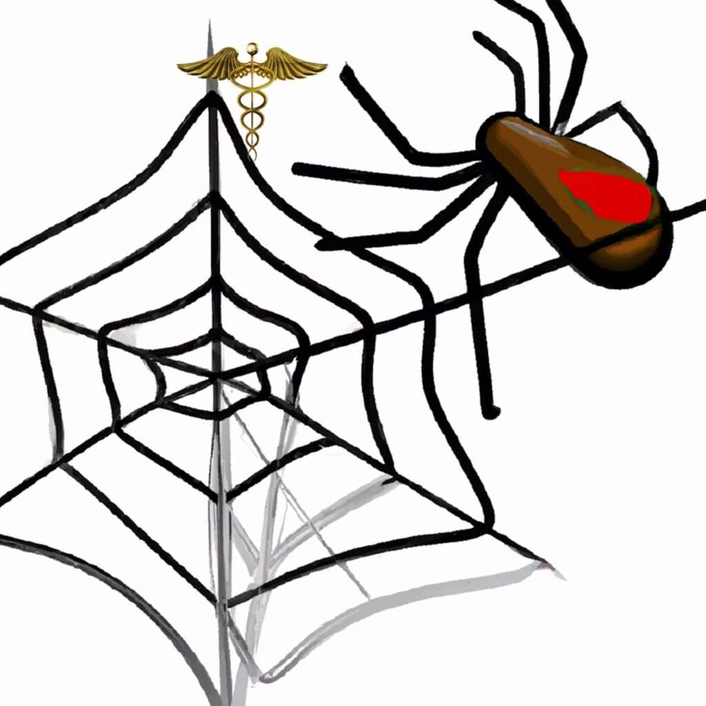 Spider in a web eating a caduceus.