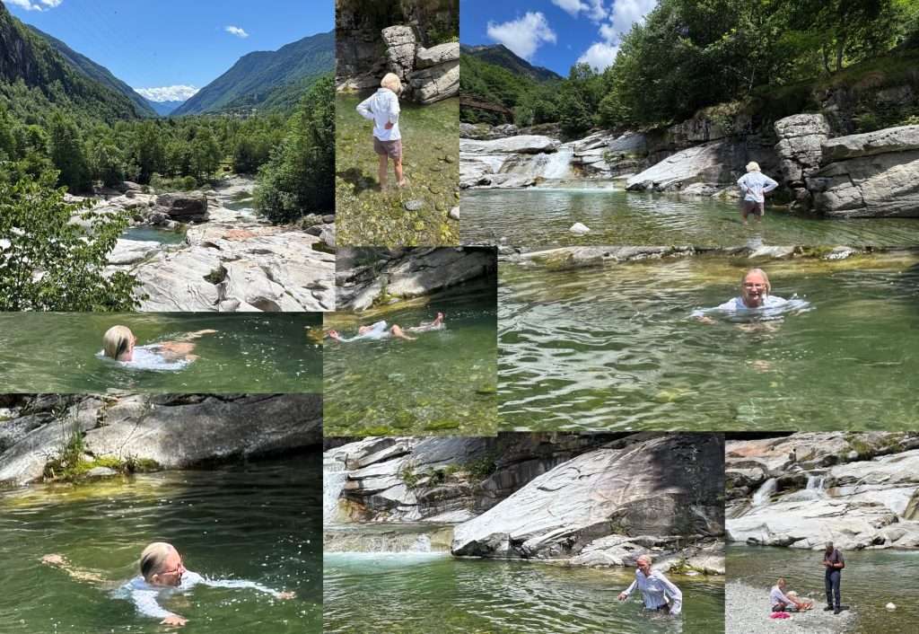 Collage of people swimming and wading in a clear rocky river surrounded by forest and mountains.
