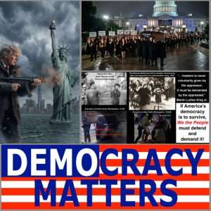 Collage showing political imagery: Trump in a dramatic scene aiming a gun at the Statue of Liberty, with city skyline in the background.