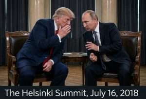 Two world leaders lean in and converse in leather chairs during a Helsinki Summit setting (July 16, 2018).