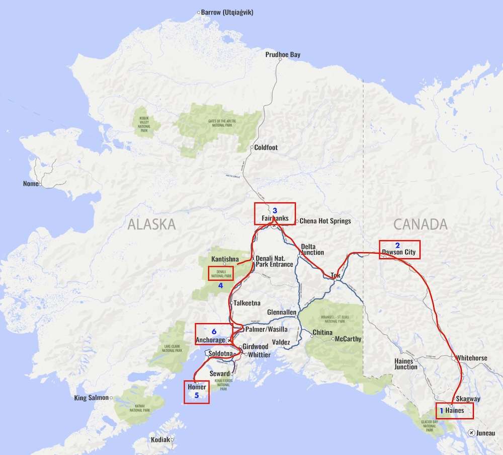 AlaskaRoadTrip1980 ‣ I Have An Idea Map of Alaska and western Canada with a red driving route and numbered stops 1–6 (Homer, Anchorage, Denali area, Fairbanks, Dawson City, Haines).