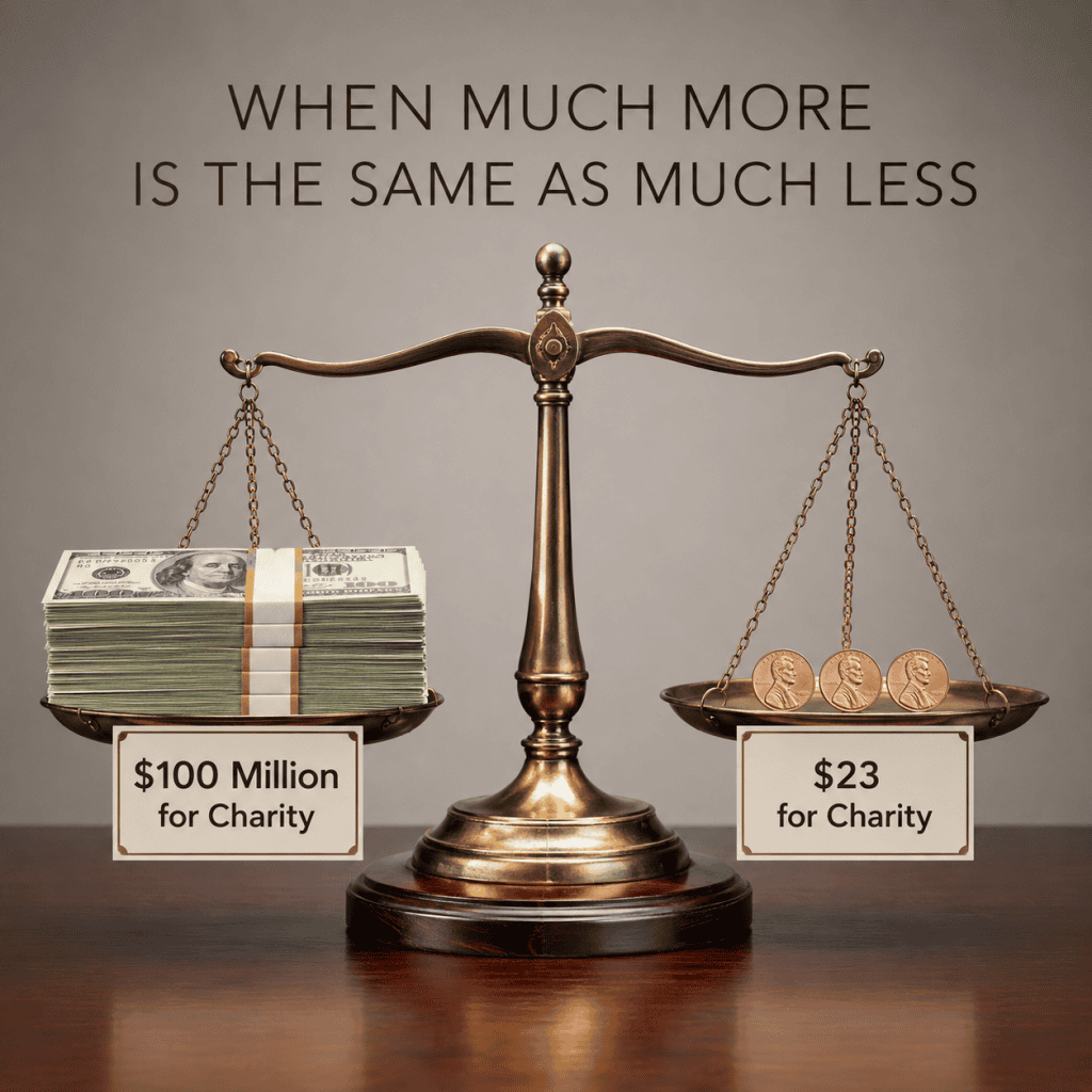 Scale with a large stack of cash on the left labeled "$100 Million for Charity" and a small pile of coins on the right labeled "$23 for Charity"—illustrating inequality, with the caption 'When much more is the same as much less' above.